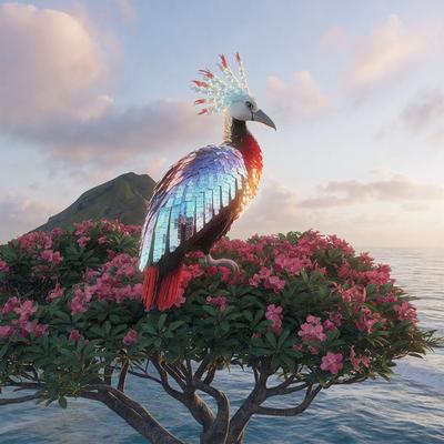 The primary subject of the image is a colorful bird perched on a tree branch. The bird has a vibrant appearance, with a mix of red, blue, and green colors. The setting is a beach, with the ocean visible in the background. The visual style of the image is a combination of photo and digital art, creating a unique and eye-catching scene. The overall atmosphere of the image is lively and cheerful, with the bird's vibrant colors adding a sense of energy and liveliness to